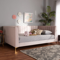 Baxton Studio CF0344-Light Pink Daybed-Queen Oksana Modern Contemporary Glam and Luxe Light Pink Velvet Fabric Upholstered and Gold Finished Queen Size Daybed